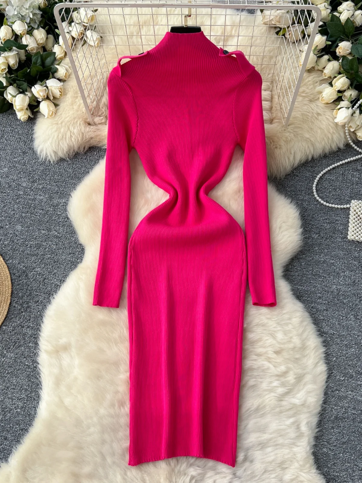 Vestido E de Malha de Cintura Alta para Mulheres, Camada Base Slimming de Outono Inverno, Vestido Longo Estilo Coreano...