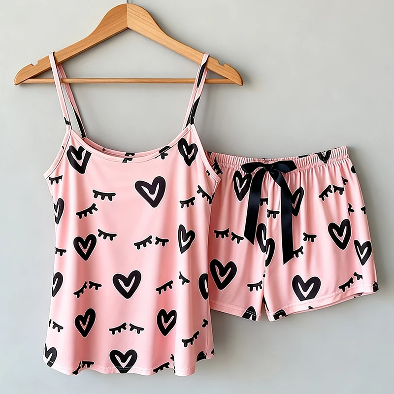 Ladies Pajamas Set Printed Camisole Shorts Home Pink Eyelash Love Leisure Comfort Shorts Set Women's Nightwear Homewear