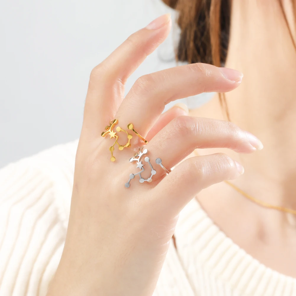 12‑Zodiac‑Constellation‑Shape Open‑Band Stainless‑Steel Ring for Women, Taurus Pisces Leo Virgo Gemini Libra Star‑Sign Detail, Aesthetic Fashion Jewelry, Ideal Birthday Gift for Her
