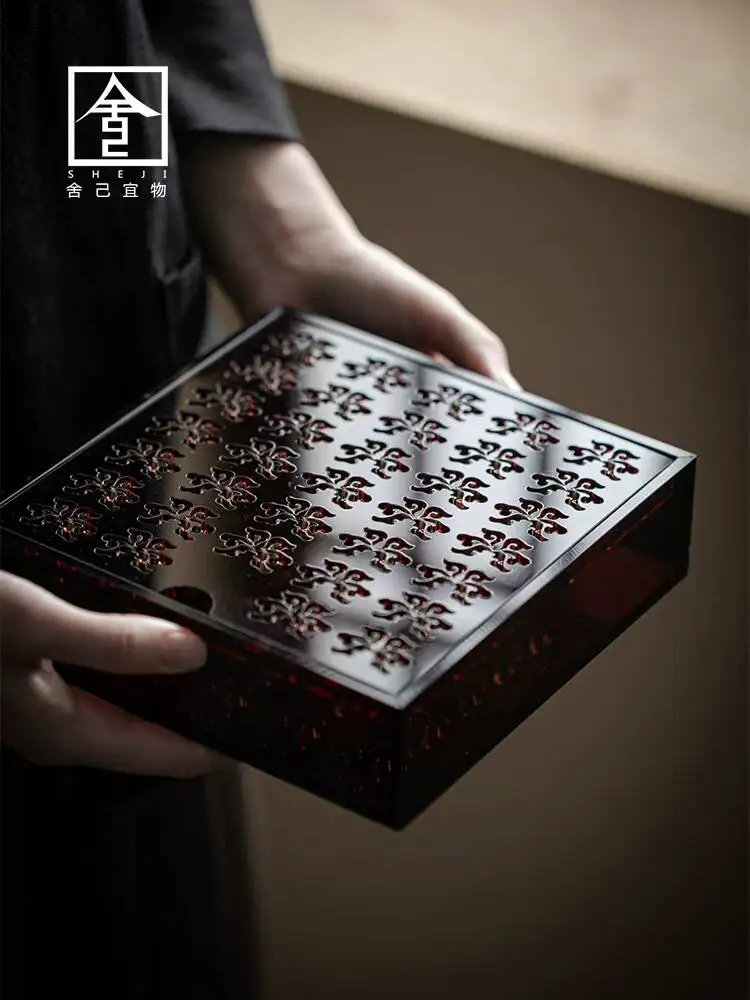 Acrylic Square Tray With Retro Hollow Design, Water Storage, Dry Brewing Platform, Kung Fu Tea Set Accessories For Home Use