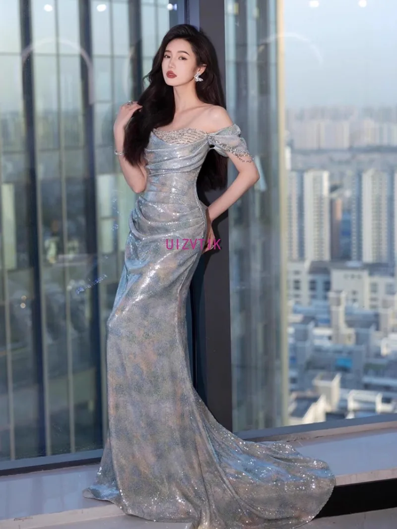 Вечернее платье Lnog с открытыми плечами, новинка 2025, элегантное платье для выпускного вечера с блестками, платье русалки с открытой спиной, вечерние, свадебные, торжественные, платья
