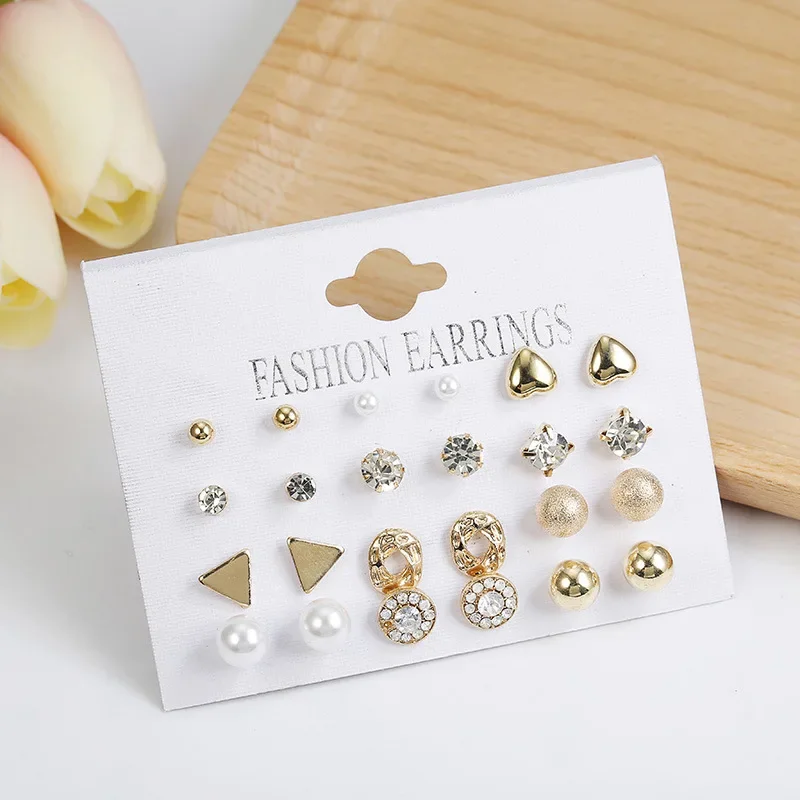 Charmsmic Women Small Heart Crystal Stud Earrings Sets Gold Color Simulated Pearl Geometric Jewelry Gifts For Children