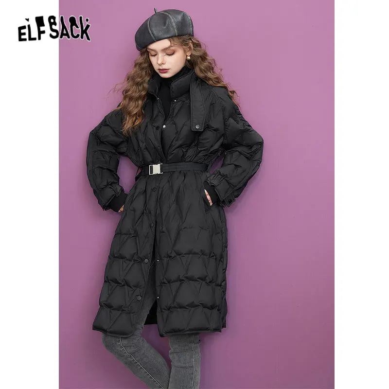 

ELFSACK Black Down Coats Women 2023 Winter New Long Loose Designed Jackets