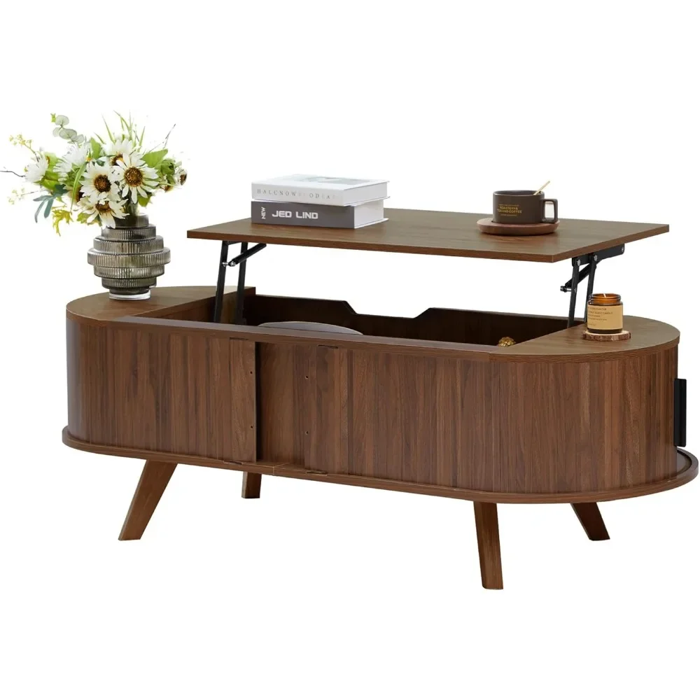 

Small Lift Top Coffee Table with Sliding Tambour Door, 47.3 Mid Century Modern Curved Coffee Table with Storage