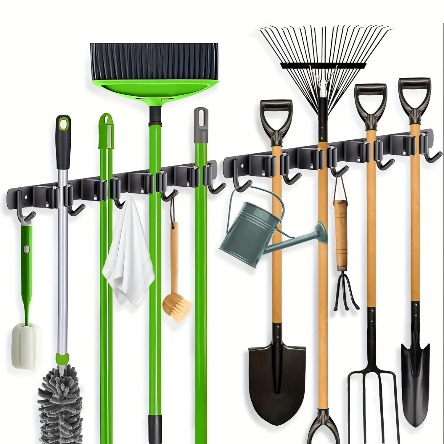 Suporte para Mop e Vassoura, Suporte para Ferramentas de Jardim, Suporte de Vassoura Montado na Parede com 4 Slots e 5 Ganchos para Equipamentos de Garagem