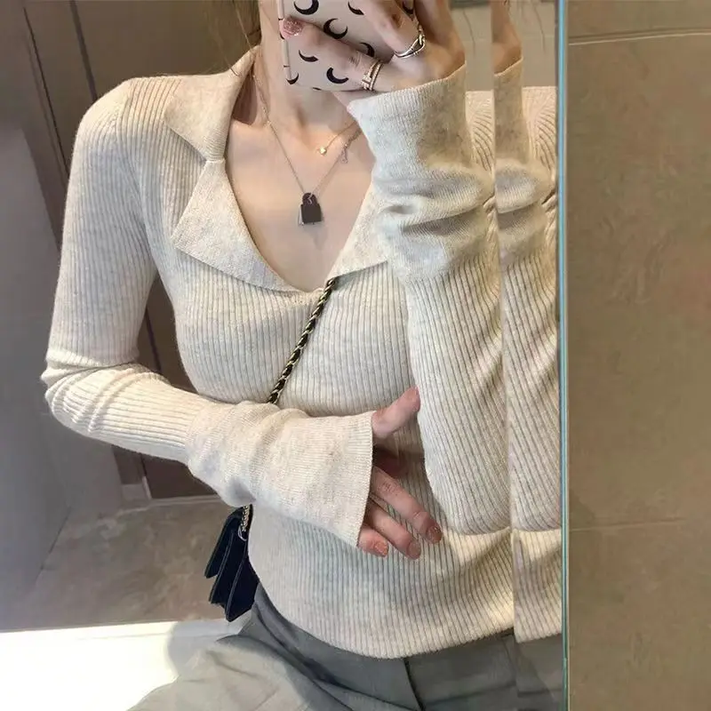 Deeptown Vintage Knit Sweater Women Korean Fashion Autumn Harajuku Long Sleeve V Neck Jumper Aesthetic Casual Pullover Gyaru