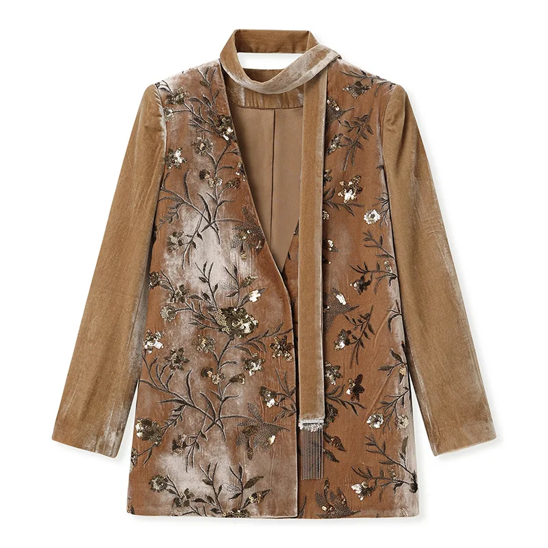 Women's Elegant Coffee-Colored Set Autumn  Winter Fashion Heavy Embroidery Silk Coat + Velvet Skirt Suitable for Commute Dates