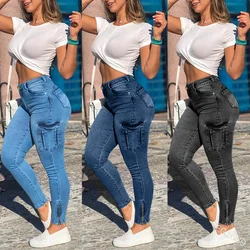 Vrouwen Jeans Schede Potlood Broek Zakken Cargo Denim Distressed Hoge Taille Wassen Slim Fit Rits Fly Enkellengte Effen