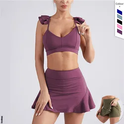 1/2PCS Pocket Anti Shorts Lady Sport Tennis Women Suits Yoga Sets Outfits Girls Ruffles Sports Bra Skirt Sports Activewear Suits