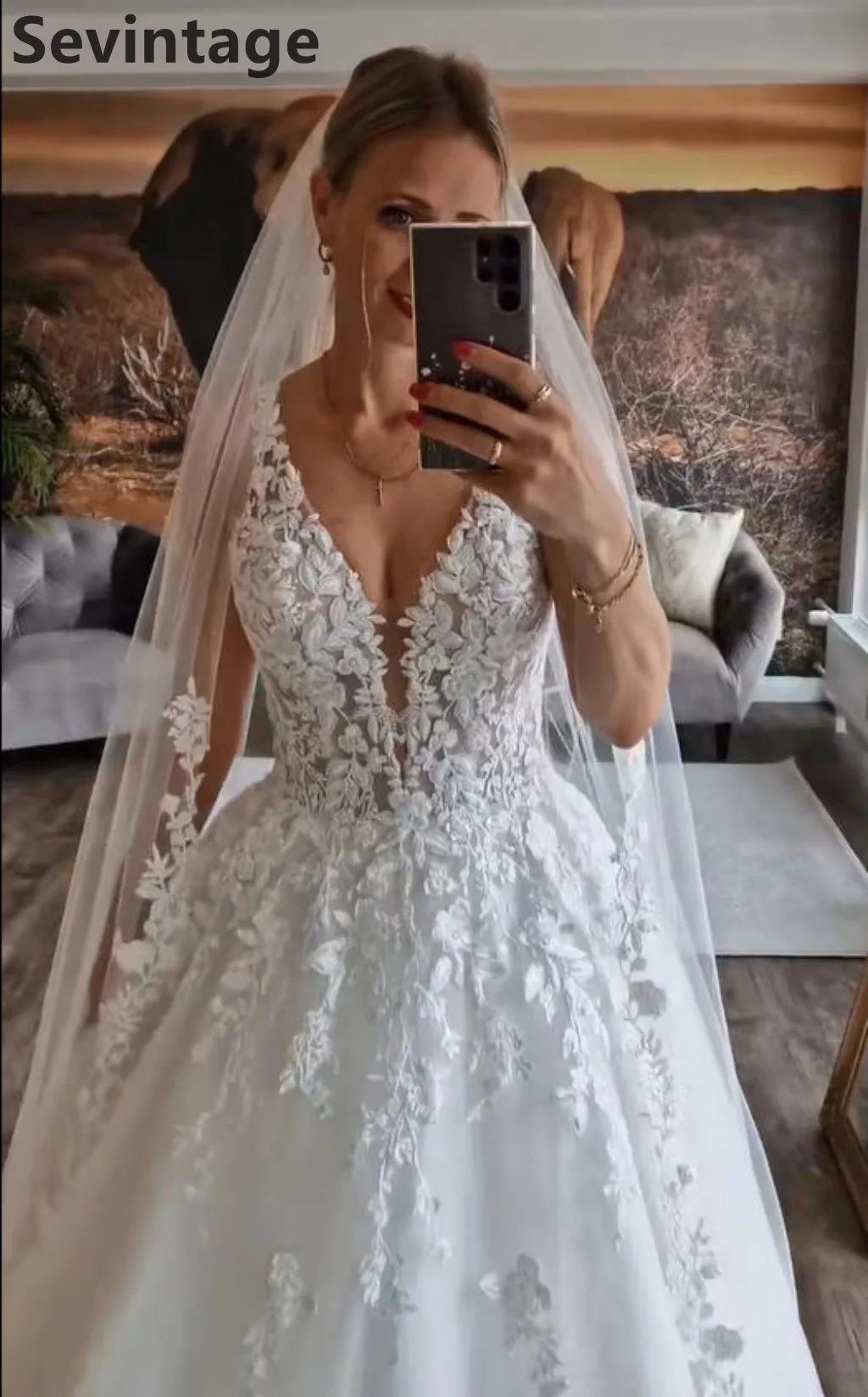 Sevintage 2025, sexy V-Ausschnitt, Spaghettiträger, Hochzeitskleid, Tüll, A-Linie, Spitze, Applikationen, Brautkleider, individuell gestaltet