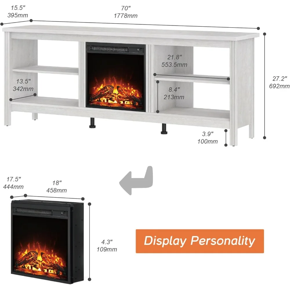 Fireplace TV Stand for 75 Inch Entertainment Center, Farmhouse Electric Fire Place Wood Console Table Cabinet With 4 Storages f