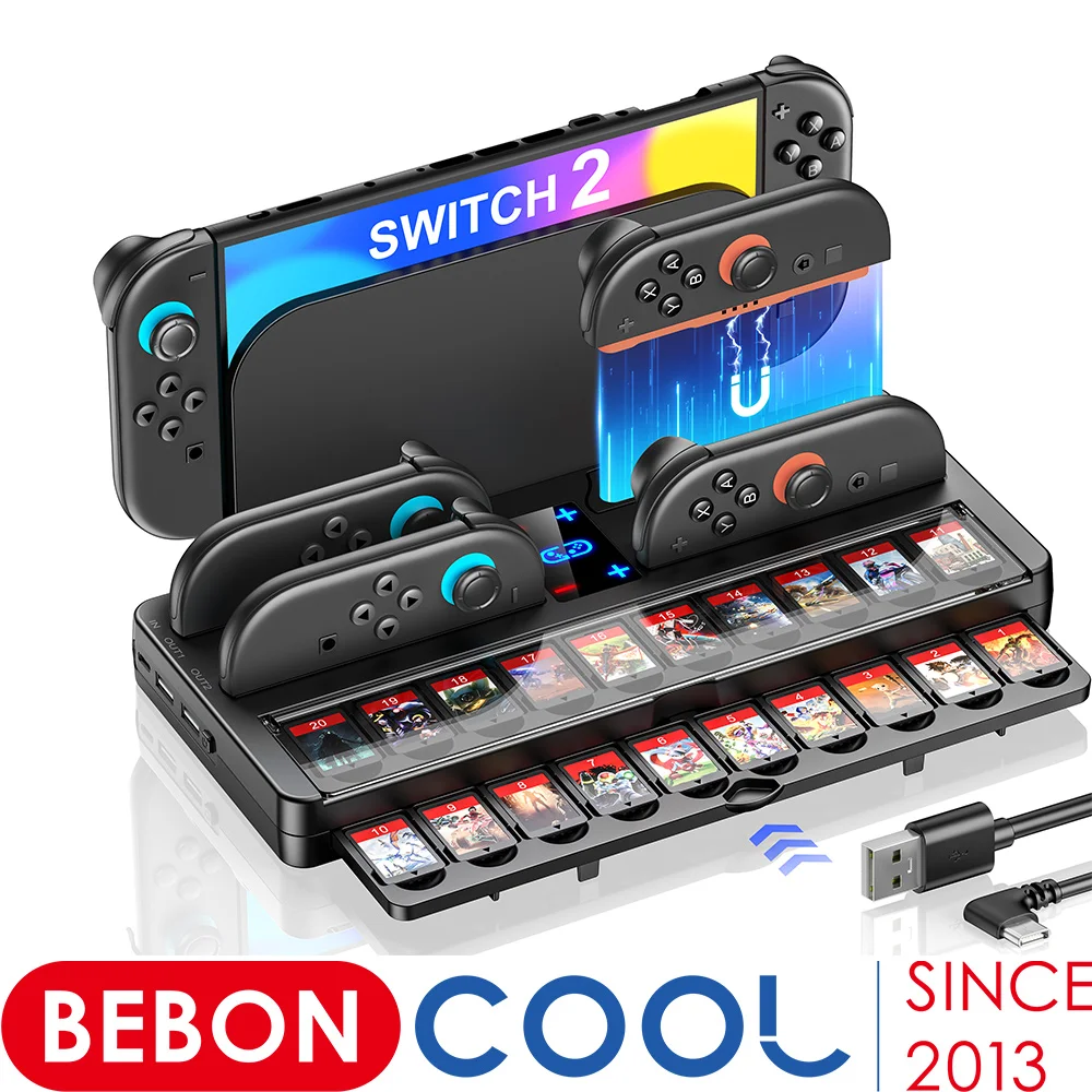 

BEBONCOOL для Switch 2, зарядная док-станция для контроллеров Joycon 2, зарядная станция с удлиненным кабелем USB C и светодиодным индикатором