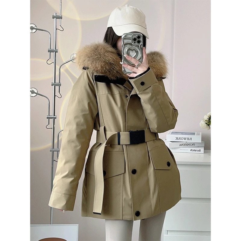 

2025 Winter Women's Military Parka-Thick Faux Fur Hood Snow Coat Windproof Waist-Cinching Ski Jacket Outdoor Warm Jacket