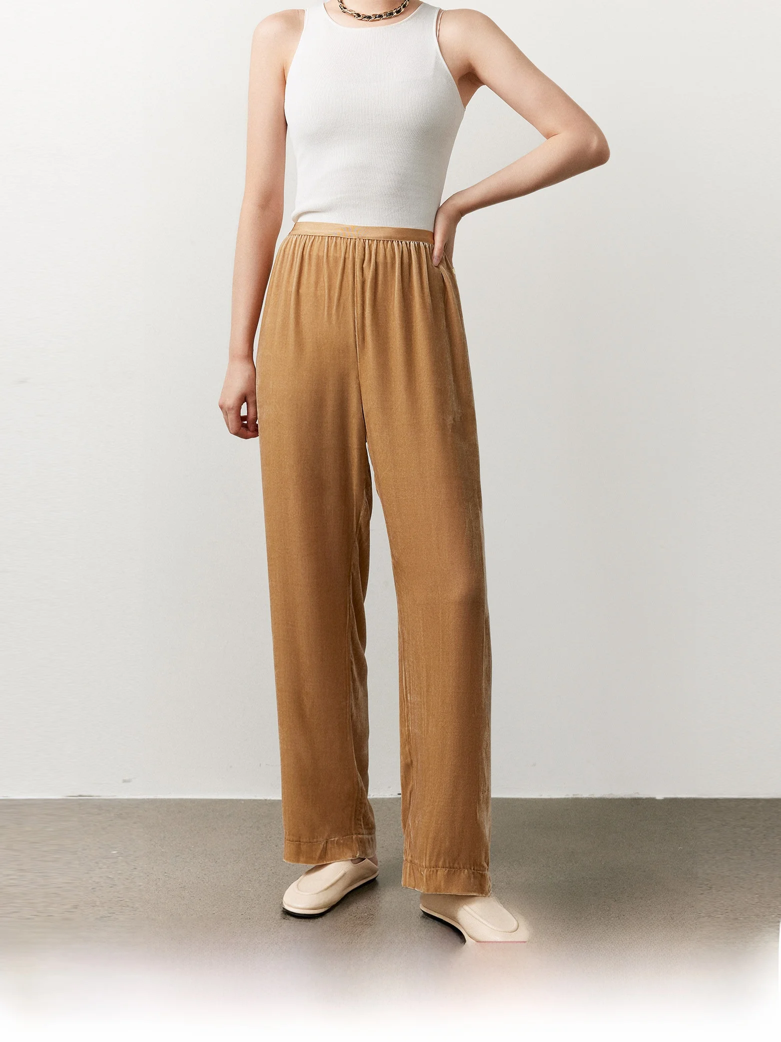 

Velvet Wide Leg Pants Elastic Waist Long Leg Silk Casual All Match Pumpkin Valley High Waist Straight Tube Trousers for Women