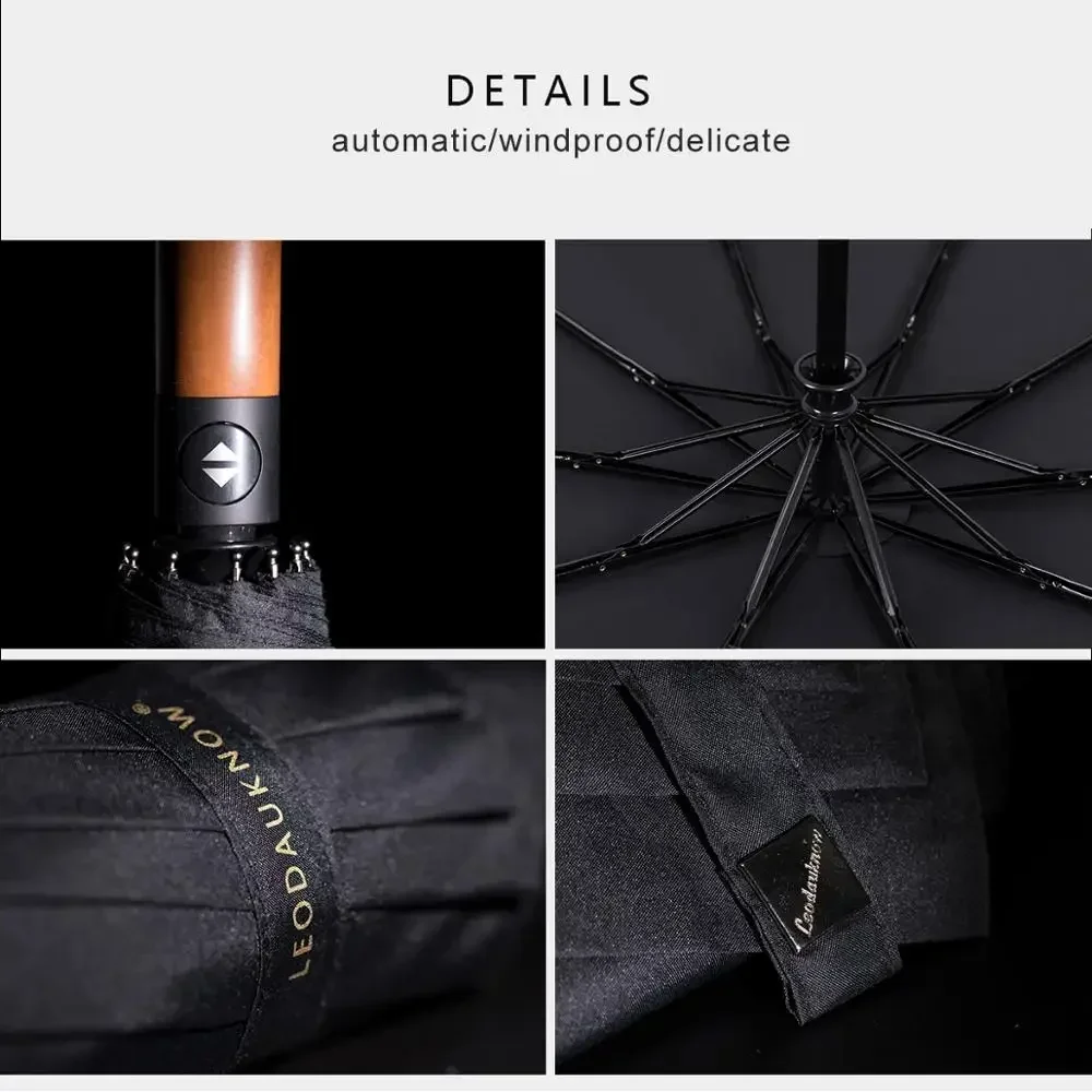 Luxury Wooden Umbrella Rain Waterproof 210T Folding Automatic Umbrella Men Woman, 10 Ribs Big Umbrella Windproof Strong