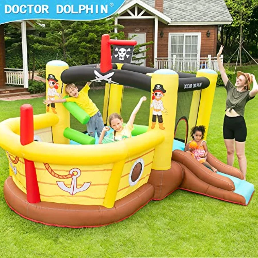Bounce House Opblaasbare Glijbaan met Obstakels - Blower - Piratenschip Thema - Ballenbak - Basketbalring, Opblaasbare uitschuifregels voor