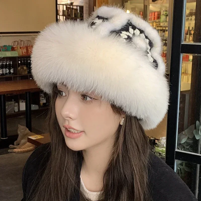 

Luxury Fur Trapper Hat for Women with Real Mink Fur Pom Poms and Fluffy Fox Fur Trim - Fashionable Warm and Cute