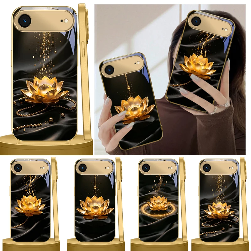 

Lucky Lotus Flower Pattern For iPhone 17 Air 16E 15 PRO 14 13 Plus 12 mini 11 17Pro Max XR 16 17Pro Max Golden glass phone case