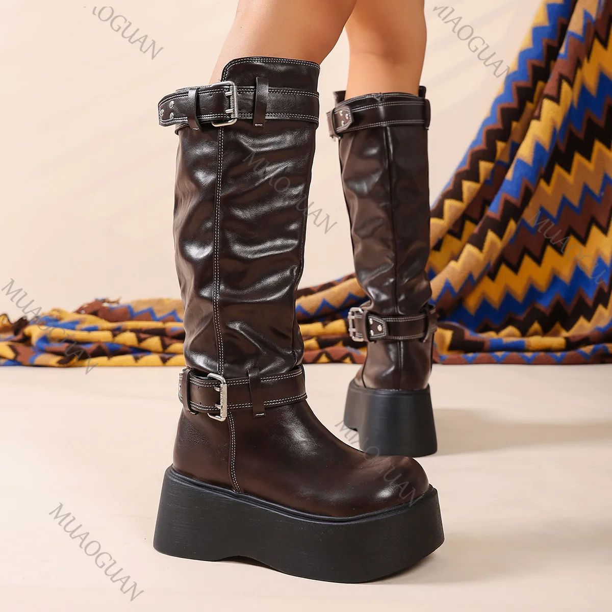 Botas Hasta La Rodilla Apiladas De Estilo Punk Para Mujer, Botas Largas De Cuero Con Punta Redonda, Hebilla De Cinturón, Plataforma, Tacones Altos_voghion.com