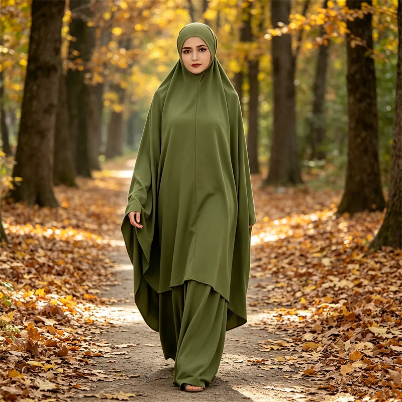 

2PCS Khimar Women Muslim Prayer Garment Djellaba Maxi Dresses Overhesd Hooded Skirt Suit Turkey Arabic Islam Burqa Nikab Abayas