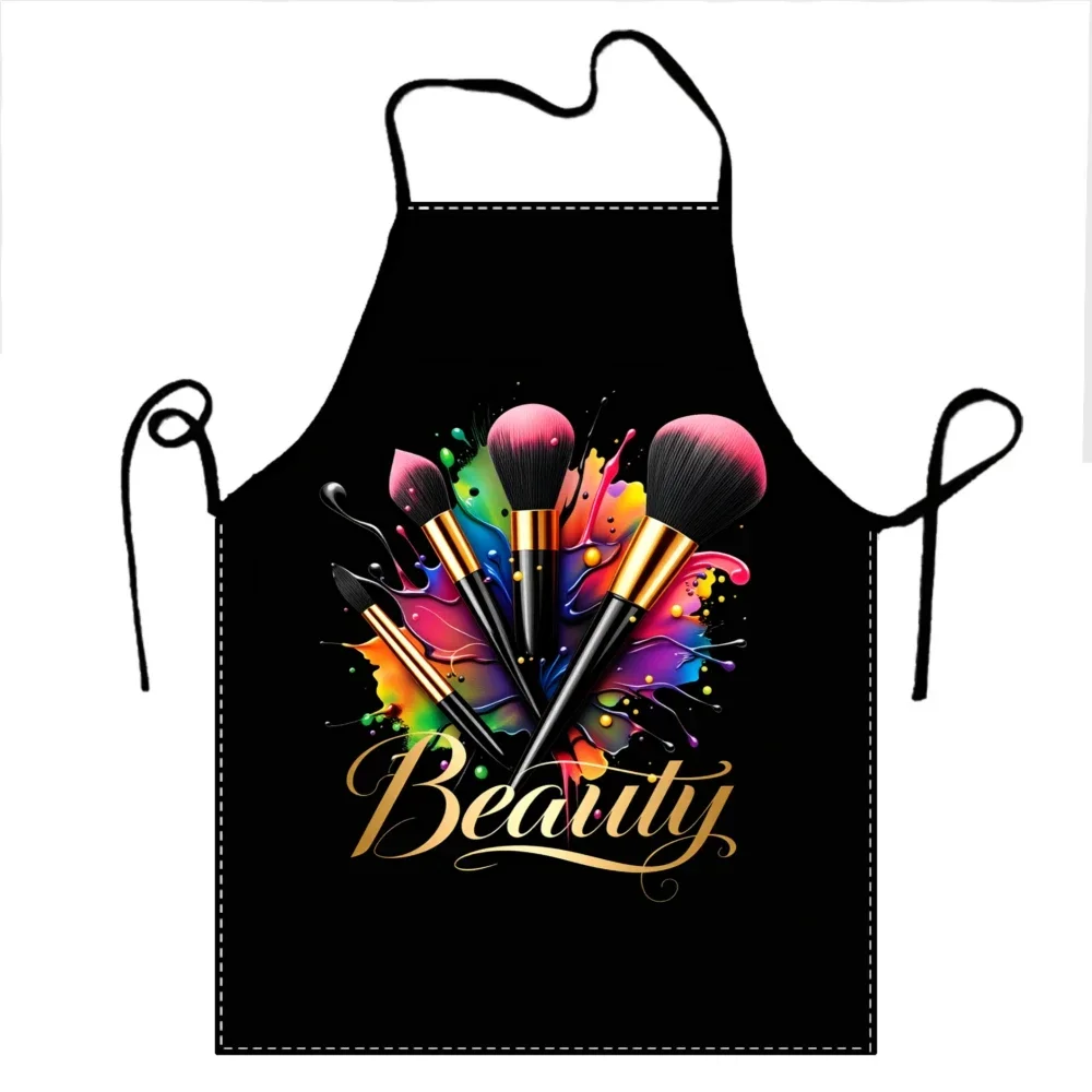 Printed Makeup Brush Design Apron - Professional Beauty Artist & Home Kitchen Apron with Golden Beauty Text, Black Background