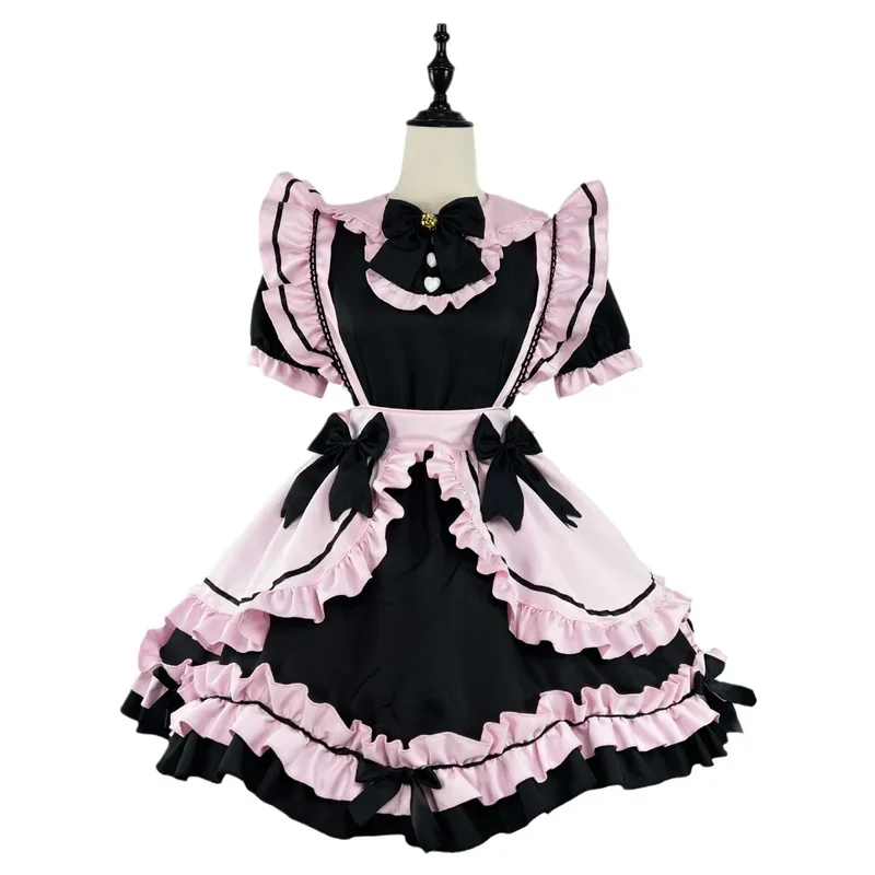 Anime Gothic Lolita JSK sukienka z krótkim rękawem kawaii kokardka pokojówka sukienki na imprezę cosplay koty dziewczyna Harajuku śliczne różowe falbany Czarny