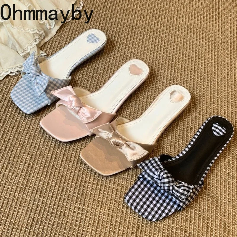 Summer Plaid Satin Bow Knot Women Slippers Concise Square Toe Lightweight Slip On Slides Outdoor Daily Walking Vacation Shoes