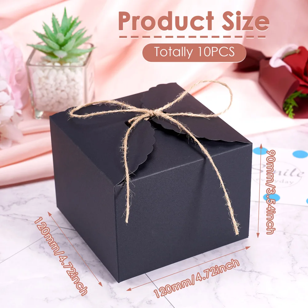 Pandahall 10pcs Black Folded Square Paper Gift Boxes with Rope for Birthday Wedding Party Gift Packaging Box