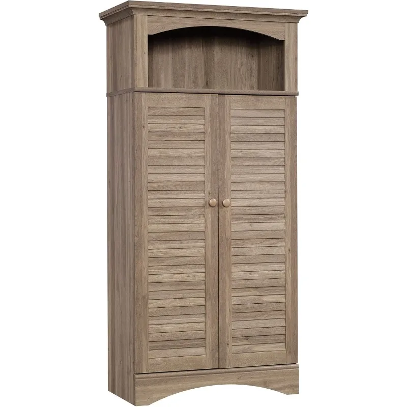 Harbor View Storage Cabinet/ Pantry Cabinet Salt Oak Finish Open Storage Features Full Upper Shelf for Your Favorite Home Décor