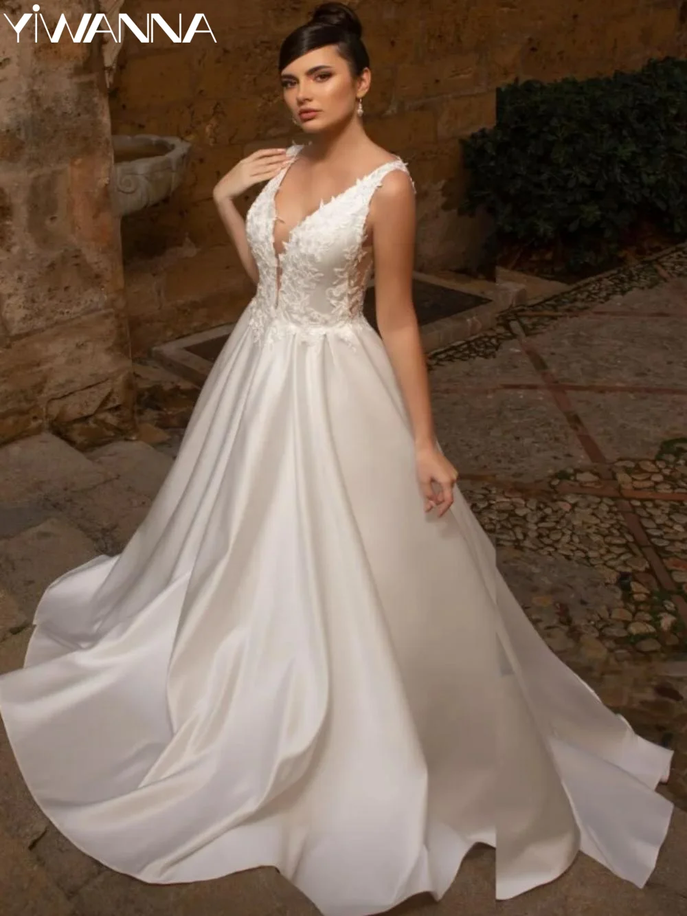 Sexy Deep V-neck Backless Wedding Dress Classic Lace Appliques Bride Robe Elegant Satin A-line Long Bridal Gown Robe De Mariée