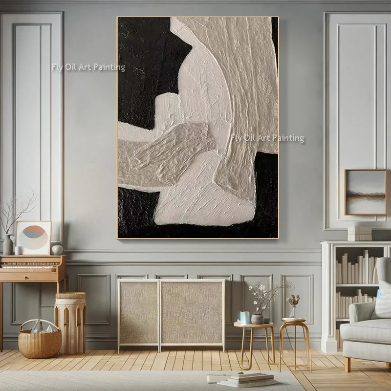 Textured Shape Collage Wall Art, Hand‑Crafted Palette‑Knife Oil Canvas, Monochrome Beige‑Black Contemporary Statement Piece