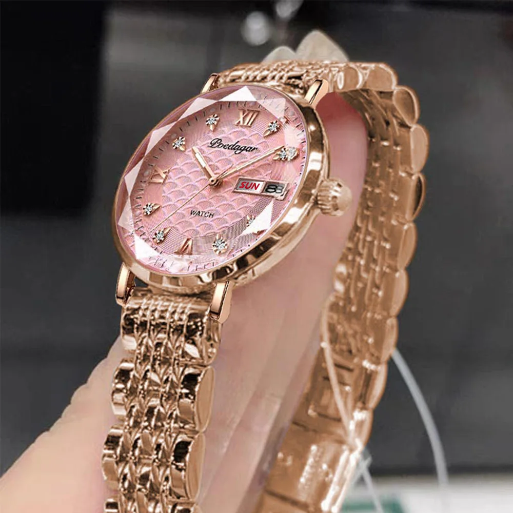 POEDAGAR, relojes elegantes para mujer, Reloj de acero inoxidable con fecha y semana para mujer, Reloj luminoso resistente al agua a la moda para mujer, Reloj de cuarzo