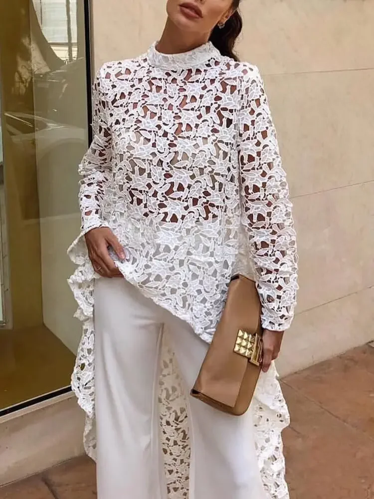 

Elegant Women Top Round Neck Solid Color Fashion Irregular Shirt Autumn Sexy Lace Hollow Out Long Sleeve Blouse Vestidos