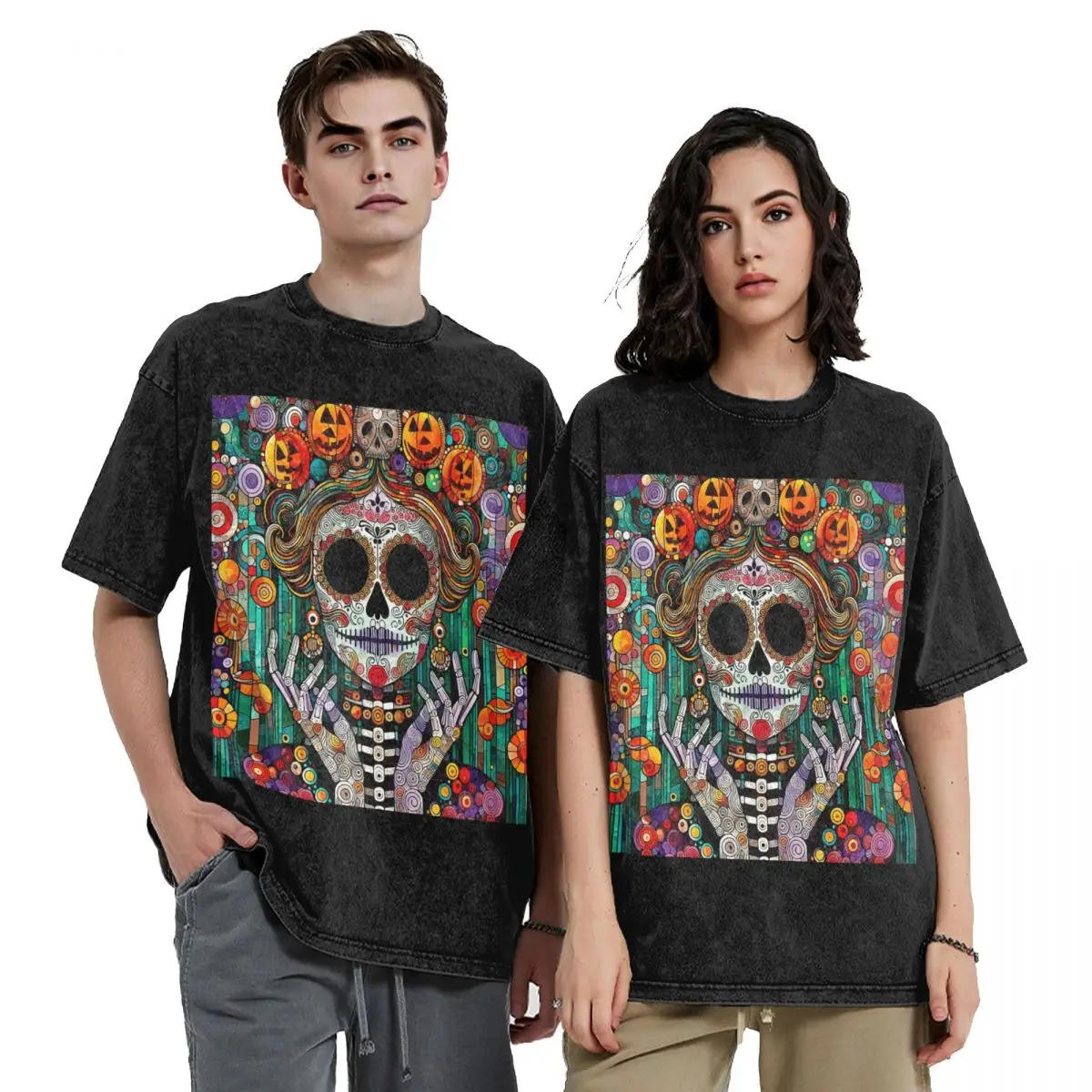 Mexican Catrina Girl Day Of The Dead Sugar Skull Washed T Shirts Short Sleeve Hip Hop T-Shirt Streetwear Tops Tees for Men Women
