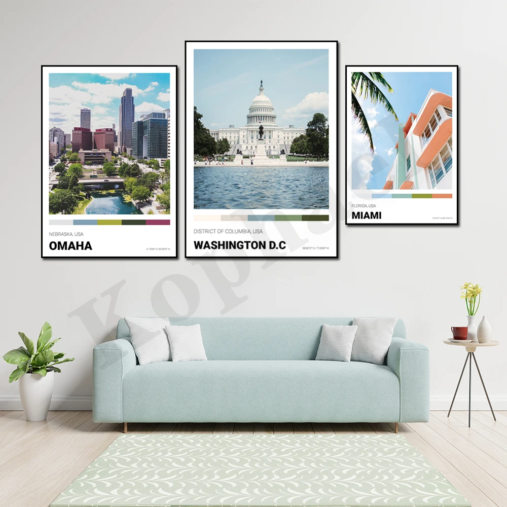 Washington Tucson Milwaukee Pittsburgh Miami Omaha Arlington Austin. City Travel Scenery. Home Wall Decor Art Canvas Painting