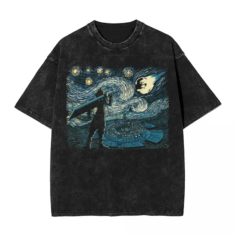 Starry Fantasy Van Gogh Final Fantasy T Shirt Hip Hop Washed Cotton Harajuku T-Shirt Men Women Tops Streetwear Summer Tees