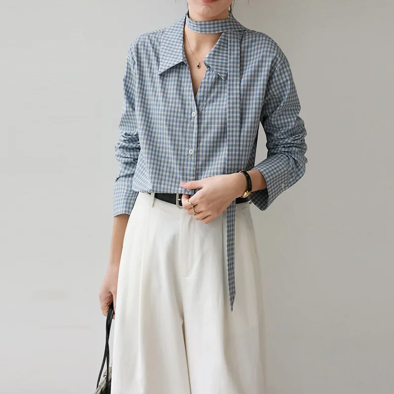 Chemisiers Vintage pour femmes, hauts décontractés à carreaux, mode ample, vêtements d'été de Style français, chemise coréenne à manches longues pour femmes