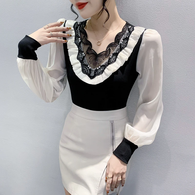 Fall Winter European Clothes T-Shirt Chic Sexy Patchwork Ruffles Shiny Beading Tops Chiffon Puff Sleeve 2025,New Hot Tees 0248