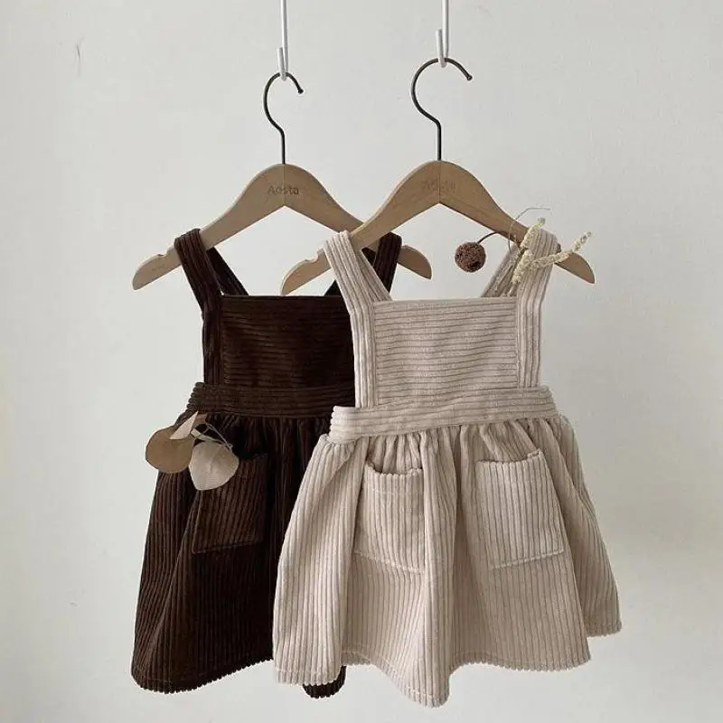 

2025 Autumn New Baby Sleeveless Corduroy Dress Solid Infant Girl Casual Strap Dress Girls Pocket Vest Dress Toddler Clothes