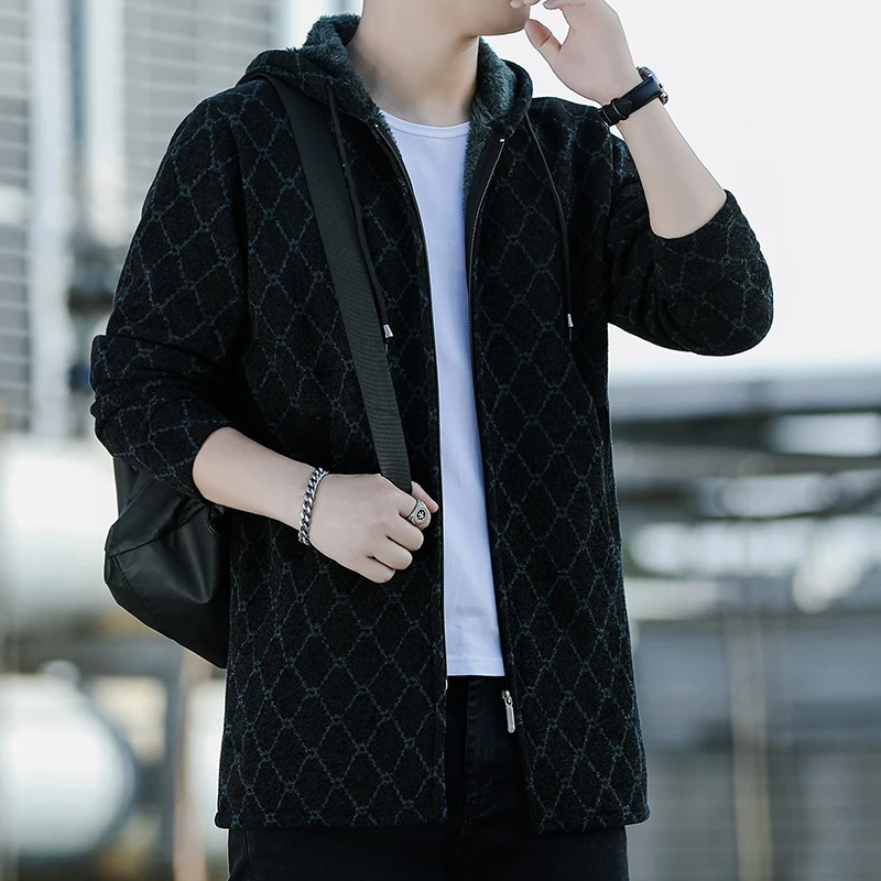 New Mens Long Cardigan Jacket Knitted Hooded Jacket Coat Korean Autumn Winter Thick Sweater with Plush Fashion Overcoat
