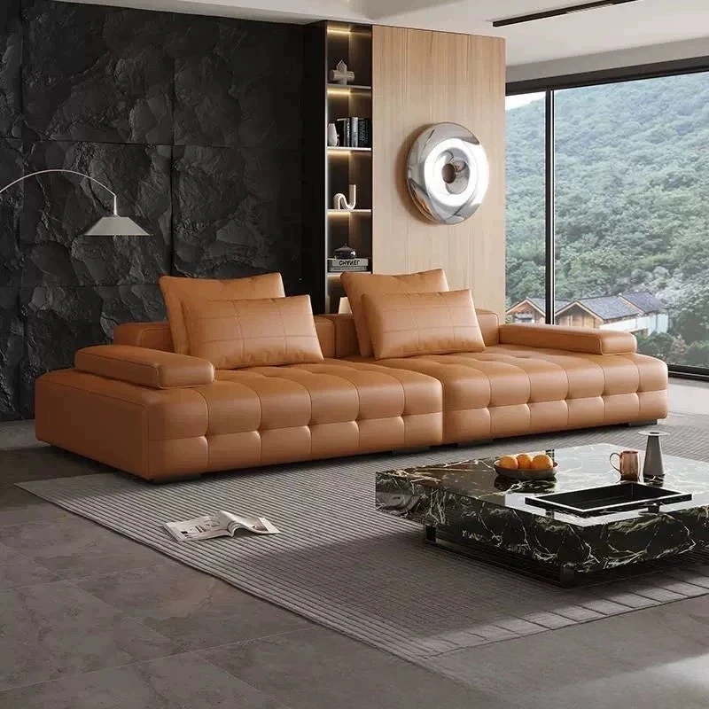 Italian minimalist first-layer leather straight-row comfortable sofa, simple modern leisure living room full leather sofa