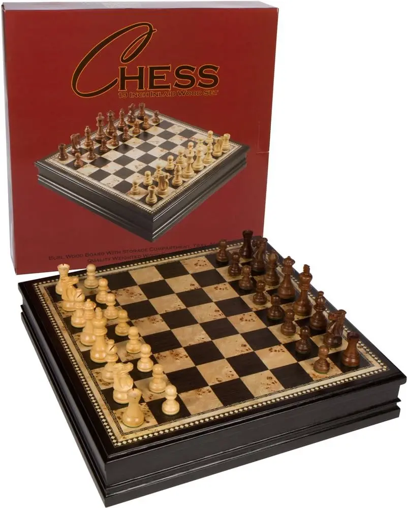 Chess Inlaid Burl Wood Board Game with Weighted Wooden Pieces, Extra Large 19 x 19 Inch Set