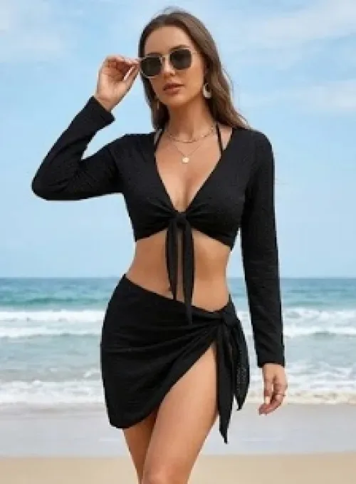 JEWELRY SEN Women Textured 3 Piece Swimsuit Set Front Tie Long Sleeve Cover Up Top Wrap Side Tie Skirt Halter Bikini SummerBeach