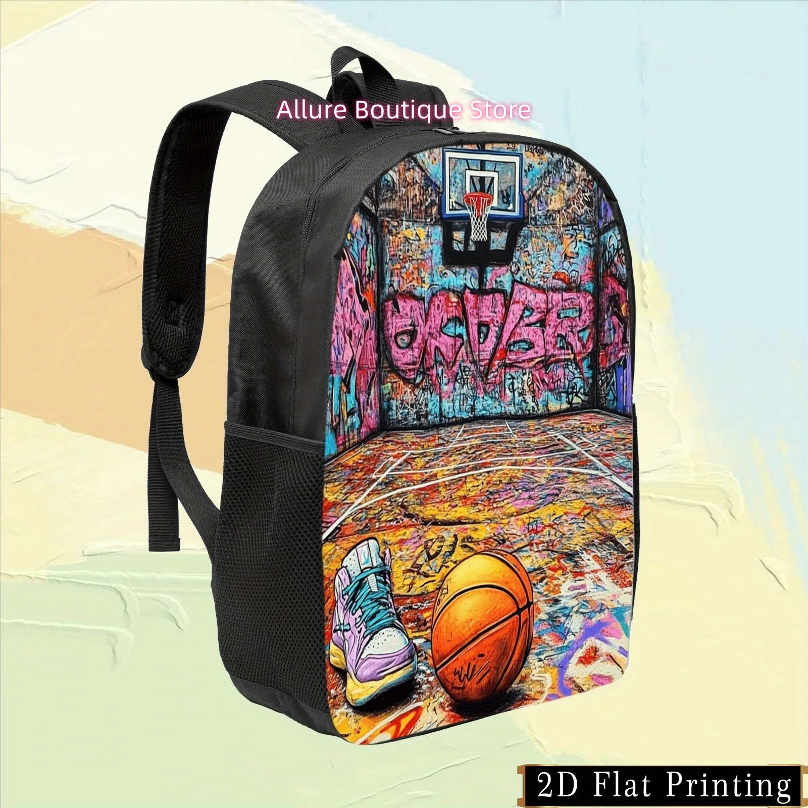 1pc Colorful Single-Sided Print Student Backpack with Basketball Court Pattern, Hand-Washable Zipper Backpack, Fashion Multi-Use