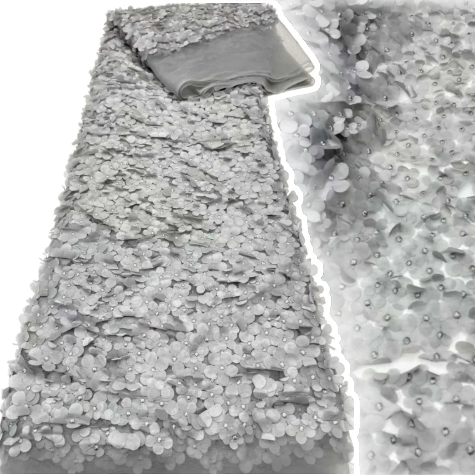 

3D 5 Yards African Nigerian French Net Groom Embroidery Tulle Sequins Lace Fabric Beautiful Luxurious Lace for Wedding SZ1386