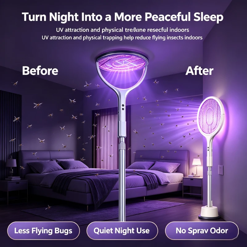 Indoor Rechargeable Bug Zapper 2-in-1 Telescopic Foldable Electric Mosquito Swatter With UV Light Insect Trap