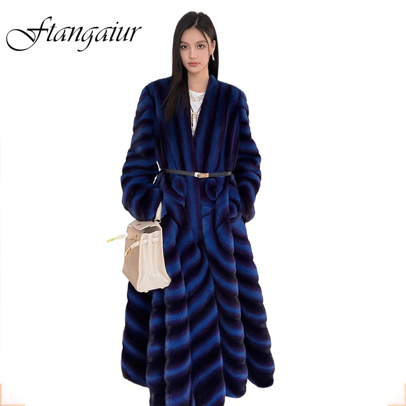 Ftangaiur Winter Coat For Women Import Velvet Mink Fur Coat Women's Full Sleeve X-Long V-Neck Striped Color Real Mink Fur Coats