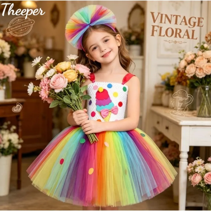 Theeper Colorful Rainbow Ice Cream Tutu Dress Layered Mesh Skirt Sweet Princess Outfit Carnival Holiday Festive Party Costume