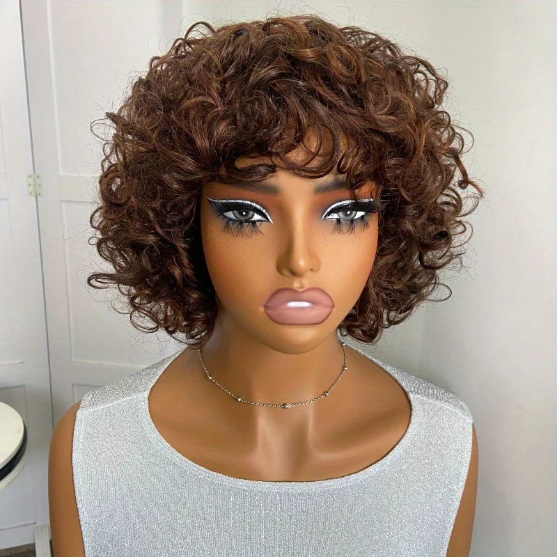 

Ombre Brown Curly Wave Bob Wig With Bangs 180% Density Brazilian Original Human Hair Wig Highlight Pixie Curly Bob Wig For Women