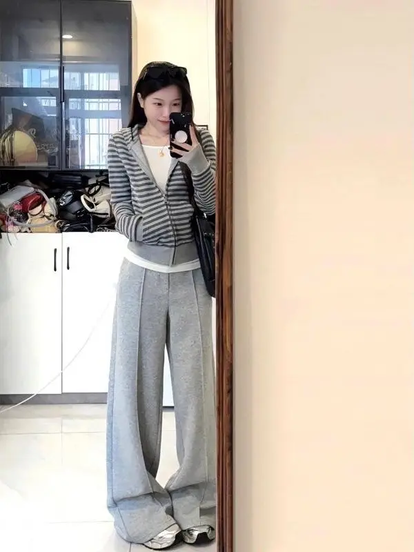 

Korean Style Autumn Casual Striped Hoodie Sweatshirt And Pants Set Women Loose Lazy Atmosphere Feel Two Piece Set Zipper Closure